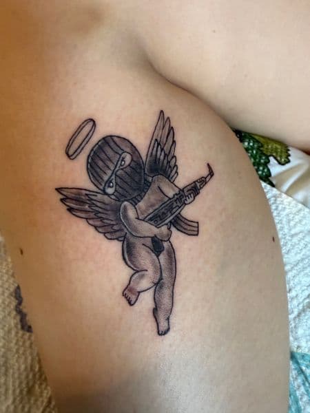 Black & Grey + Illustrative cherub tattoo on Calf by CJSCHULTZ on TattMe