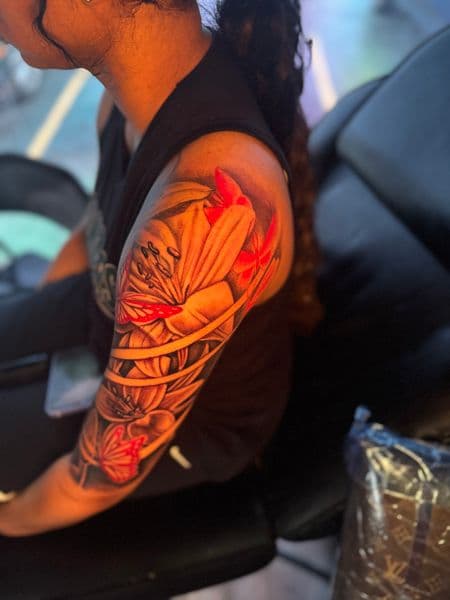 Floral + Black & Grey flowers tattoo on Full Sleeve by rich_inkq on TattMe
