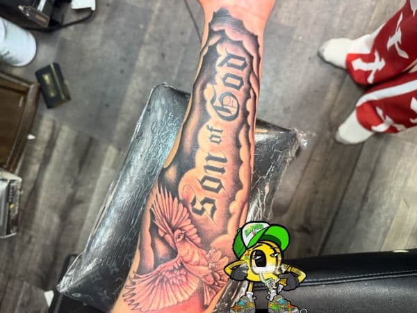 Black & Grey + Lettering dove tattoo on Forearm by rich_inkq on TattMe