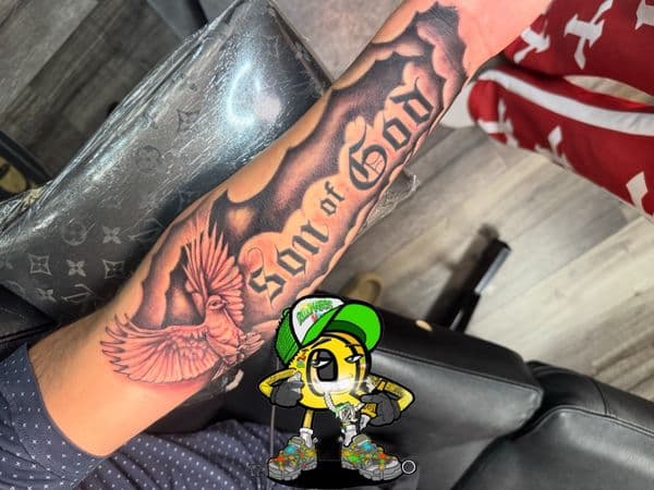 Black & Grey + Lettering dove tattoo on Forearm by rich_inkq on TattMe