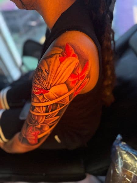 Floral + Black & Grey flowers tattoo on Half Sleeve by rich_inkq on TattMe