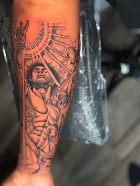 Black & Grey + Realism portrait tattoo on Half Sleeve by rich_inkq on TattMe