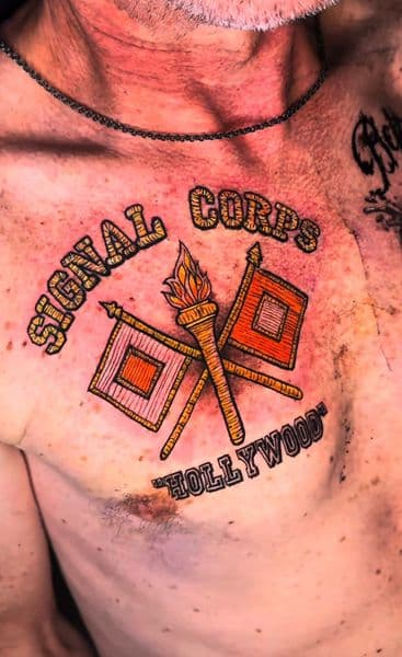 American Traditional + Lettering flags tattoo on Chest by rich_inkq on TattMe