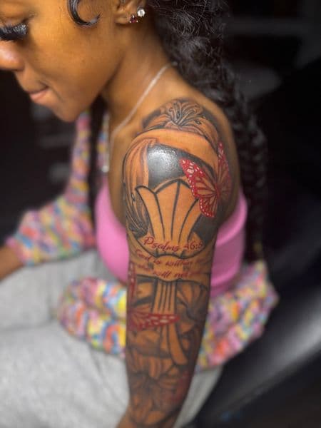 Illustrative + Floral butterfly tattoo on Half Sleeve by rich_inkq on TattMe