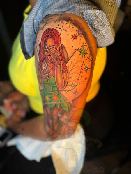 Color + Illustrative woman tattoo on Upper Arm by rich_inkq on TattMe
