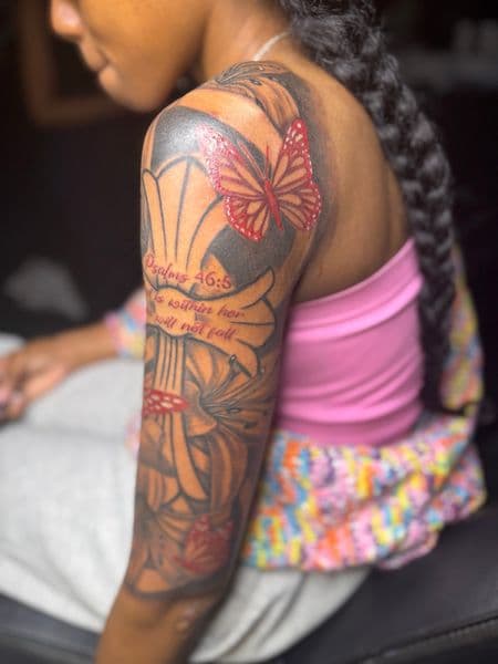 Illustrative + Black & Grey butterfly tattoo on Full Sleeve by rich_inkq on TattMe