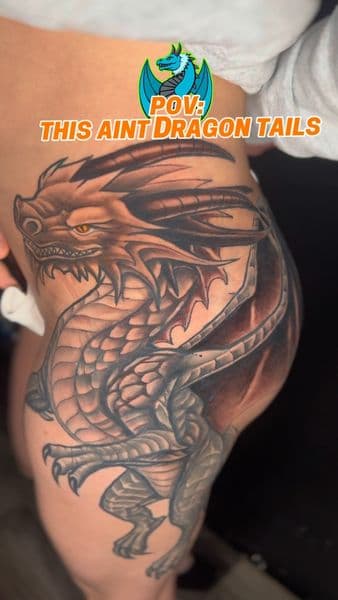 Black & Grey + Illustrative dragon tattoo on Full Leg Sleeve by rich_inkq on TattMe