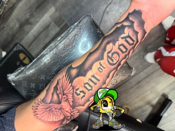 Black & Grey + Lettering dove tattoo on Forearm by rich_inkq on TattMe