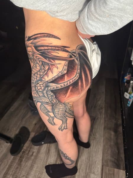 Illustrative + Black & Grey dragon tattoo on Thigh by rich_inkq on TattMe