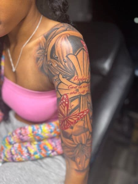 Floral + Black & Grey flowers tattoo on Upper Arm by rich_inkq on TattMe