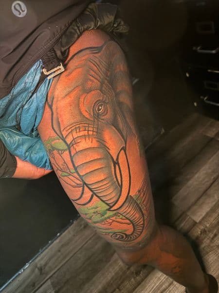 Illustrative + Color elephant tattoo on Thigh by rich_inkq on TattMe