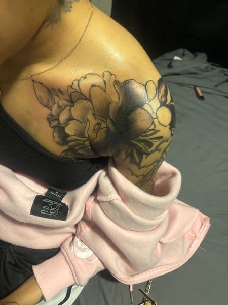 Floral + Black & Grey flowers tattoo on Shoulder by gunna_tartoos_ on TattMe