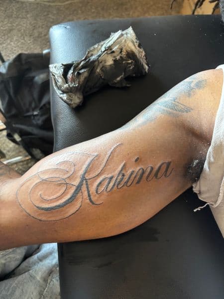 Lettering + Script name tattoo on Upper Arm by gunna_tartoos_ on TattMe