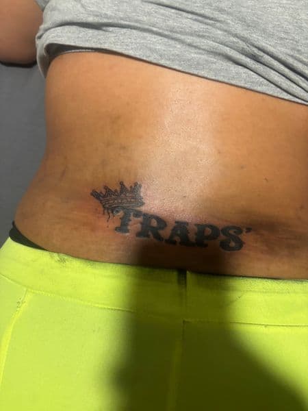 Lettering + Black-work crown tattoo on Lower Back by gunna_tartoos_ on TattMe