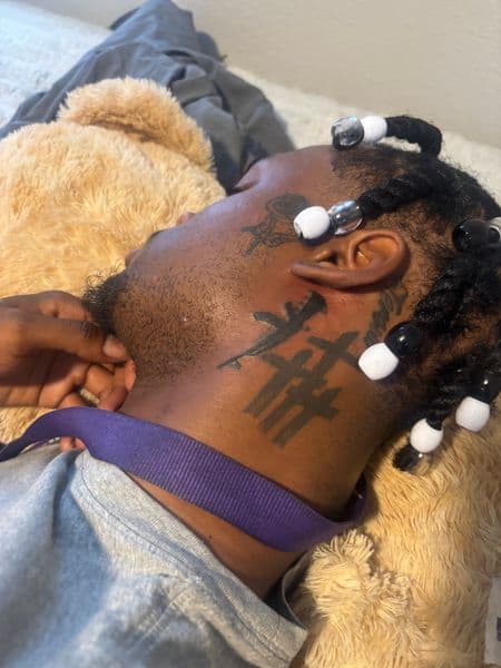 Black-work + Minimalist symbol tattoo on Neck (Side) by gunna_tartoos_ on TattMe