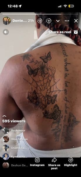 Fine Line + Black-work butterflies tattoo on Upper Back by gunna_tartoos_ on TattMe