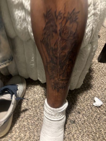 Black-work + Lettering lettering tattoo on Calf by gunna_tartoos_ on TattMe