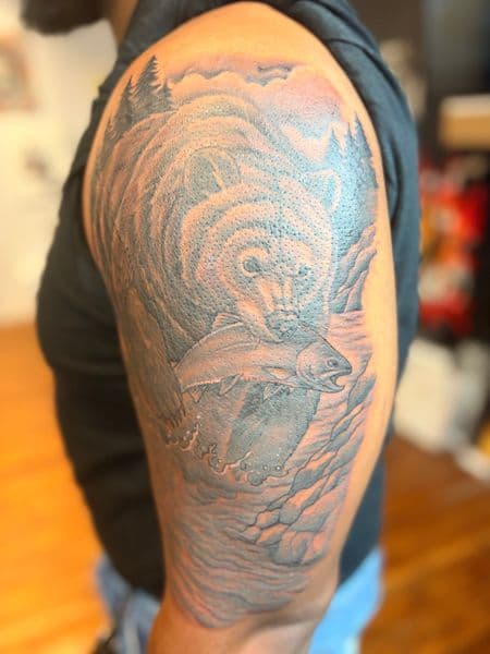 Black & Grey + Realism bear tattoo on Upper Arm by Tony_Hustle_215 on TattMe