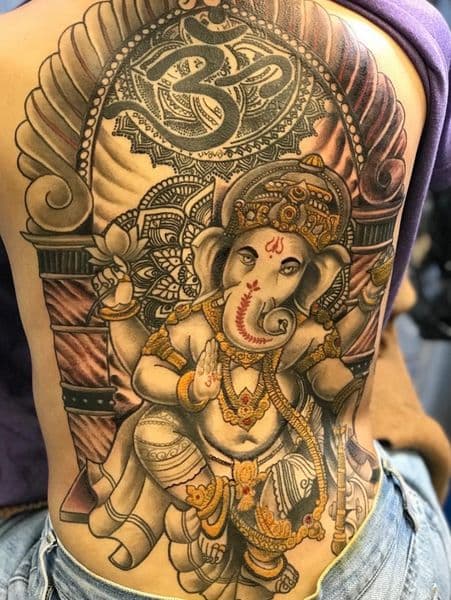 Black & Grey + Color ganesha tattoo on Spine by Tony_Hustle_215 on TattMe