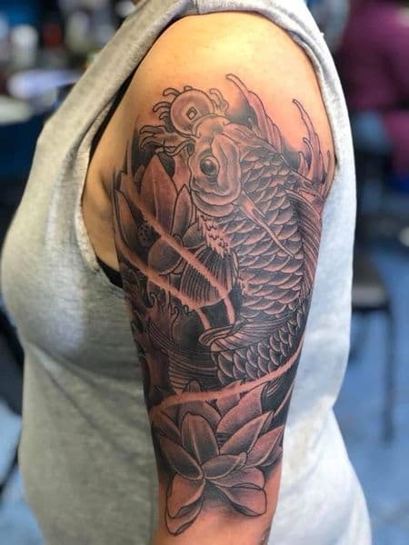 Japanese + Black & Grey koi fish tattoo on Half Sleeve by Tony_Hustle_215 on TattMe