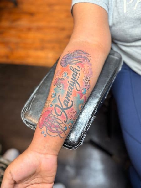 Color + Watercolor jellyfish tattoo on Forearm by Tony_Hustle_215 on TattMe