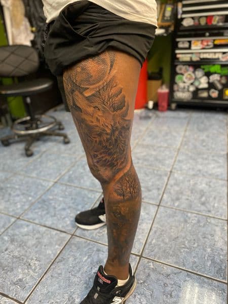 Black & Grey + Realism wolf tattoo on Full Leg Sleeve by Tony_Hustle_215 on TattMe