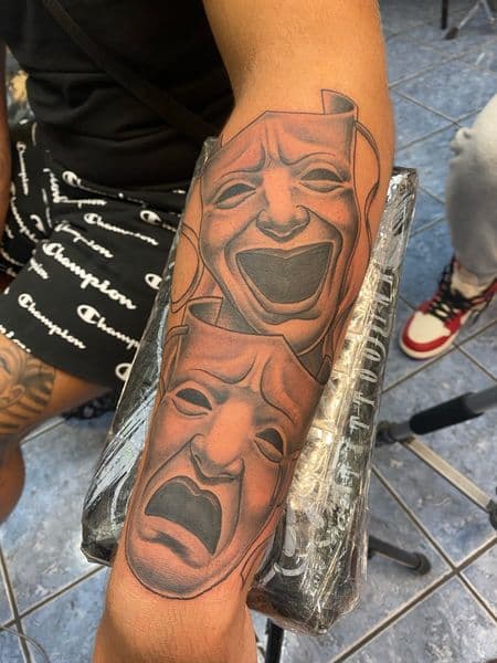 Black & Grey + Illustrative masks tattoo on Forearm by Tony_Hustle_215 on TattMe