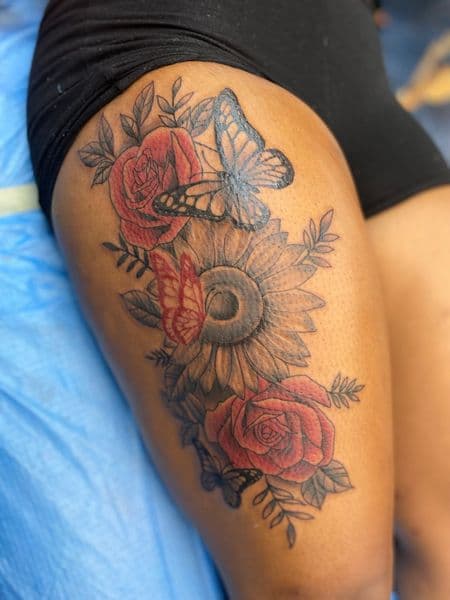 Illustrative + Floral butterflies tattoo on Thigh by Tony_Hustle_215 on TattMe