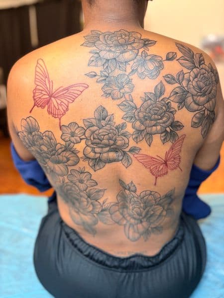 Floral + Black & Grey flowers tattoo on Upper Back by Tony_Hustle_215 on TattMe