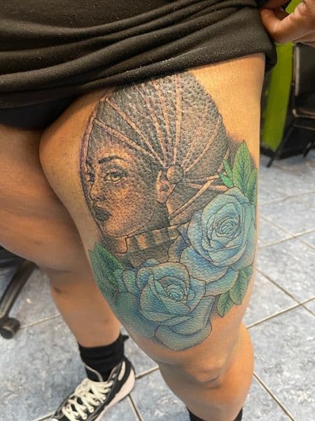 Illustrative + Color woman tattoo on Thigh by Tony_Hustle_215 on TattMe