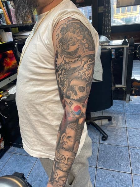 Japanese + Black & Grey foo dog tattoo on Full Sleeve by Tony_Hustle_215 on TattMe