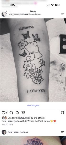 Fine Line + Black-work winnie the pooh tattoo on Forearm by feral_beauty on TattMe