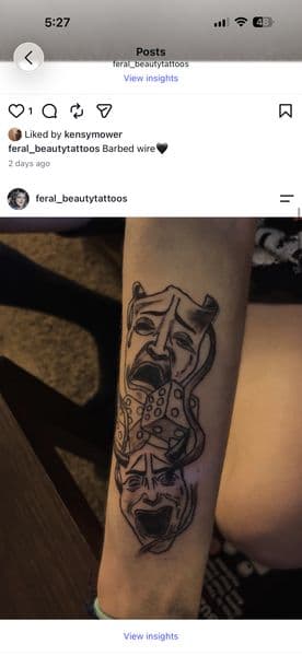 Black & Grey + Illustrative masks tattoo on Forearm by feral_beauty on TattMe