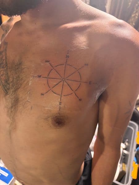 Fine Line + Geometric compass tattoo on Chest by CodyWithTatForge on TattMe