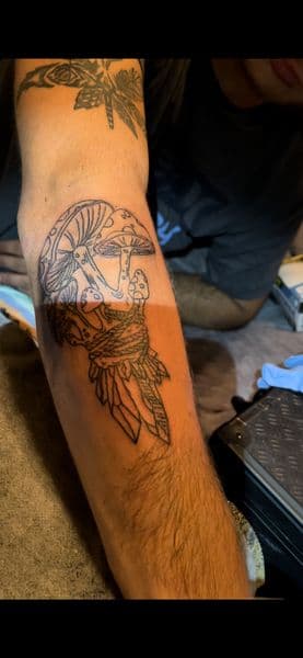 Line-work + Illustrative mushrooms tattoo on Forearm by CodyWithTatForge on TattMe