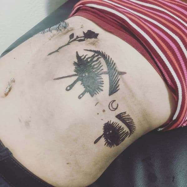 Black-work + Illustrative rose tattoo on Stomach by CodyWithTatForge on TattMe