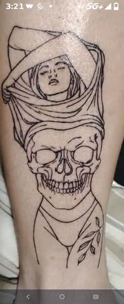 Fine Line + Illustrative woman tattoo on Calf by Avery_ink on TattMe
