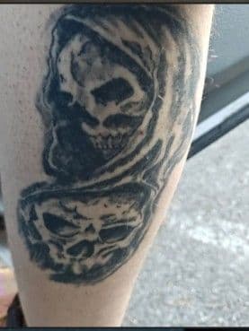 Black & Grey + Horror skulls tattoo on Calf by Avery_ink on TattMe