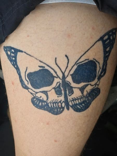 Black-work + Illustrative butterfly tattoo on Thigh by Avery_ink on TattMe