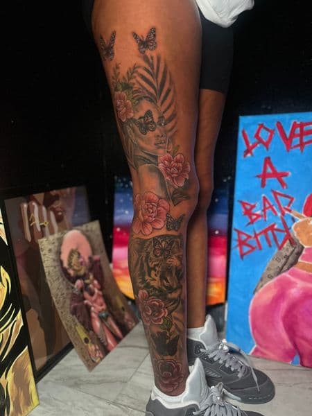 Black & Grey + Color woman tattoo on Full Leg Sleeve by TattooHut on TattMe