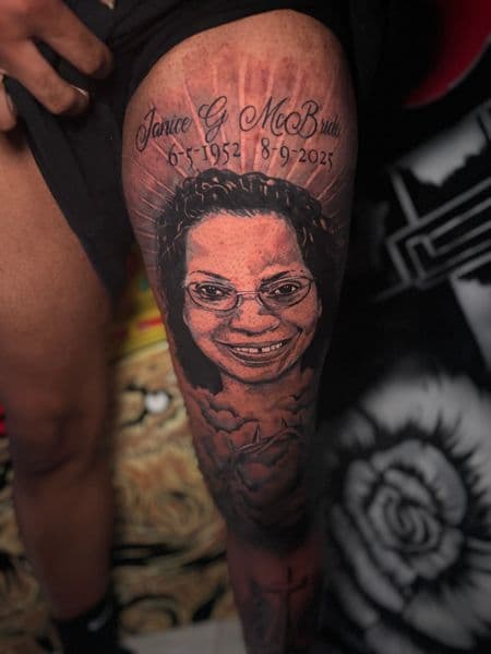 Realism + Black & Grey portrait tattoo on Thigh by TattooHut on TattMe