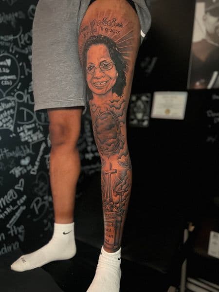 Realism + Black & Grey portrait tattoo on Full Leg Sleeve by TattooHut on TattMe