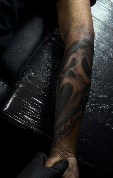 Black & Grey + Horror ghostface tattoo on Forearm by inkedonmarz on TattMe