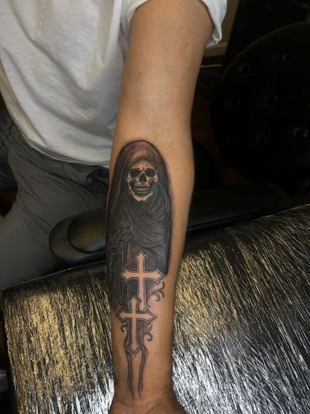Black & Grey + Gothic grim reaper tattoo on Forearm by inkedonmarz on TattMe