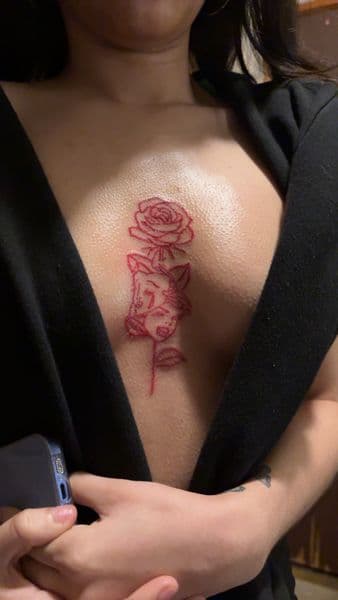 Fine Line + Illustrative rose tattoo on Sternum by ink_by_Nek on TattMe