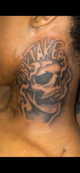 Black & Grey + Lettering skull tattoo on Neck (Side) by TyDidThatInkkk on TattMe