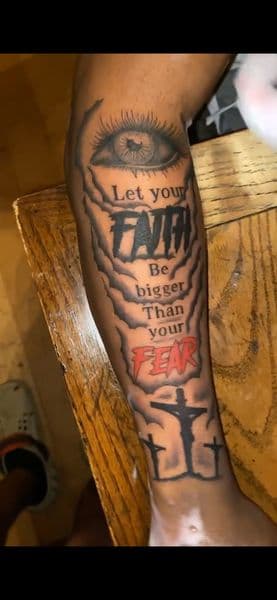 Black & Grey + Lettering eye tattoo on Forearm by TyDidThatInkkk on TattMe
