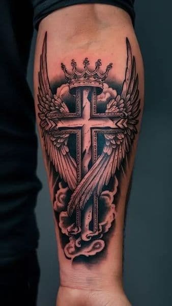 Black & Grey + Religious cross tattoo on Forearm by sam on TattMe