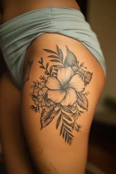 Floral + Black & Grey flowers tattoo on Hip by sam on TattMe