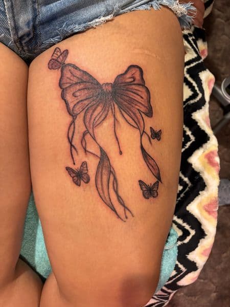 Black & Grey + Illustrative bow tattoo on Thigh by Jake_Cirilo on TattMe